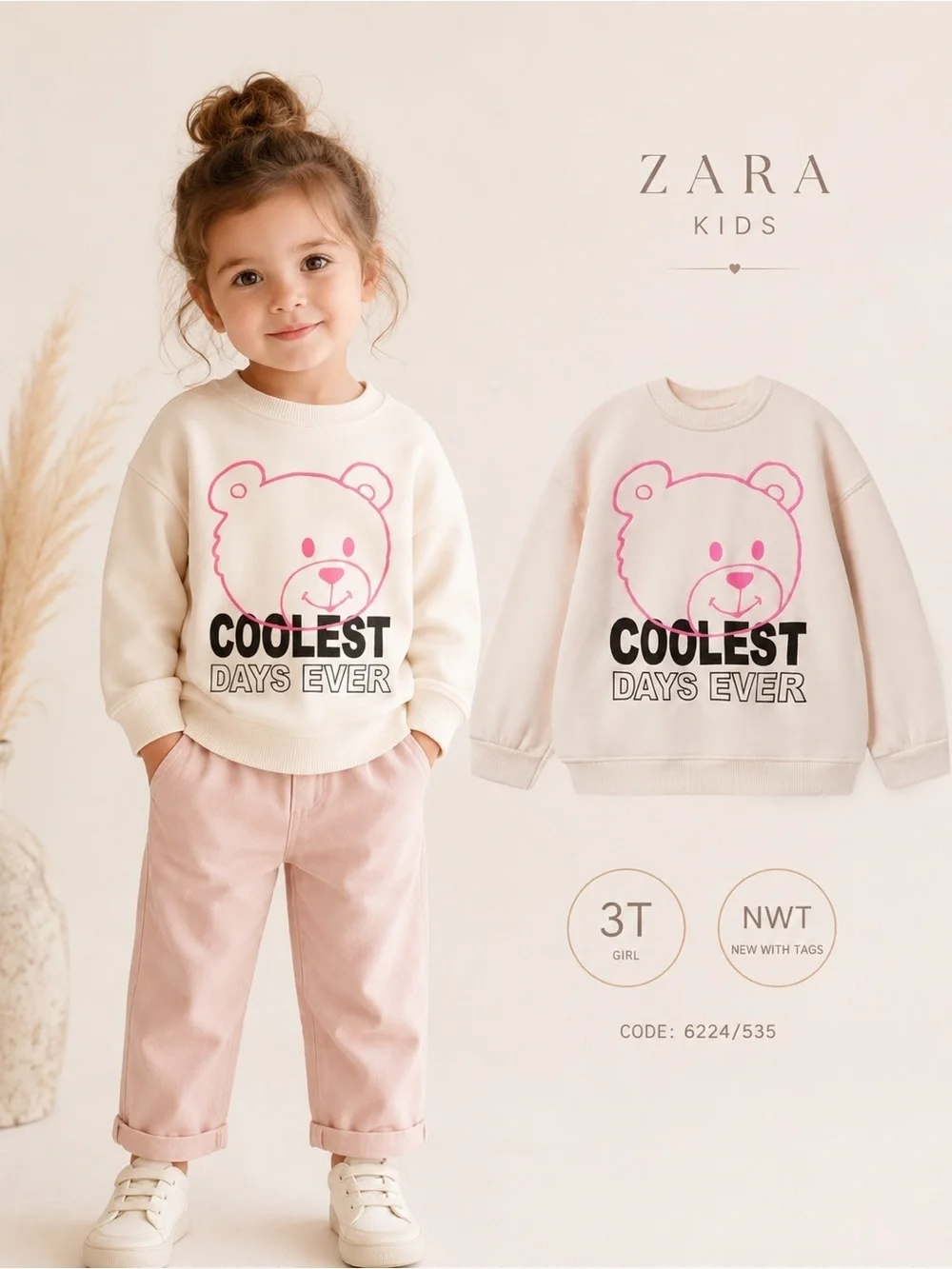 Zara Kids Oyster White Bear Graphic Sweatshirt Size 3T NWT Girls Cozy Pullover